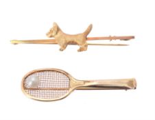 A 9 carat gold cultured pearl tennis racket brooch