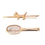 A 9 carat gold cultured pearl tennis racket brooch