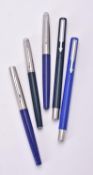 Parker, four blue fountain pens