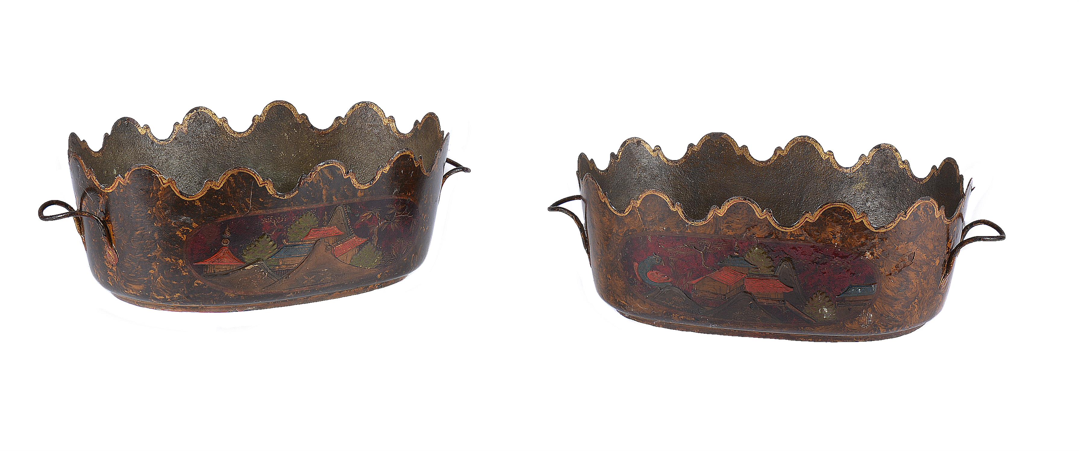 A pair of Empire tôle peinte twin handled cachepots in Chinoiserie taste - Image 2 of 2