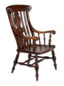 An elm, fruitwood and mahogany Windsor armchair