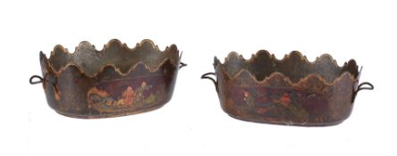 A pair of Empire tôle peinte twin handled cachepots in Chinoiserie taste