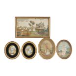 Five various framed George III silk work pictures