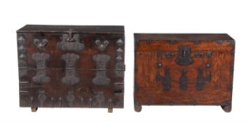 Two Korean hardwoodTwo Korean hardwood, probably elm, and metal mounted chests