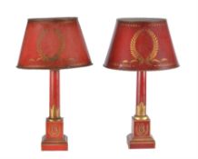 A pair of toleware columnar table lamps in Empire taste