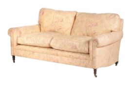 A stained beech and upholstered two-seat sofa