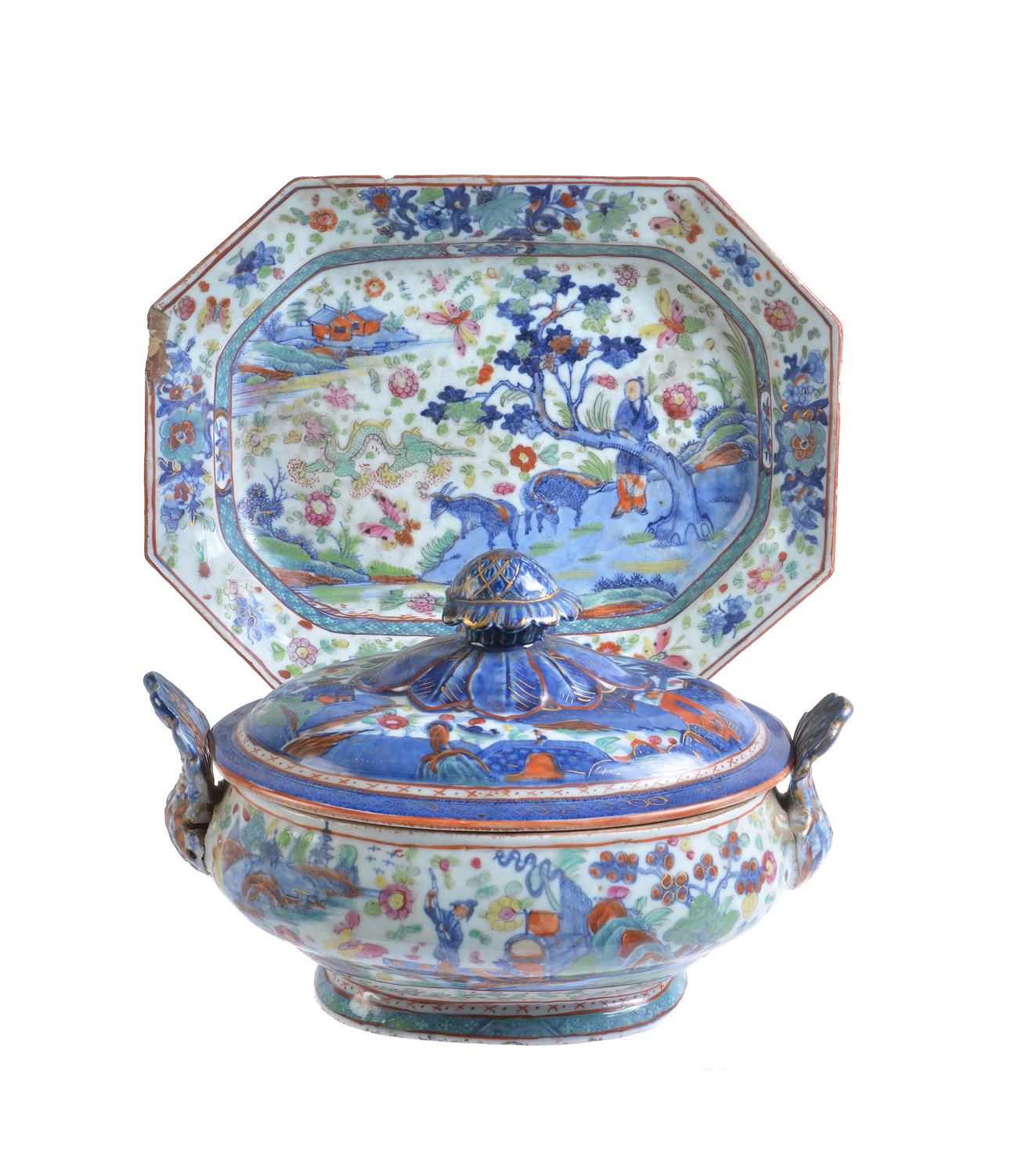 A Chinese 'clobbered' tureen and unmatched cover