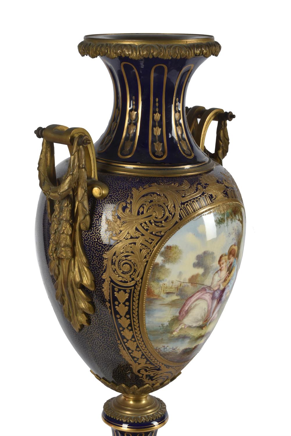 A pair of Sevres-style gilt-metal mounted pottery vases - Image 5 of 5
