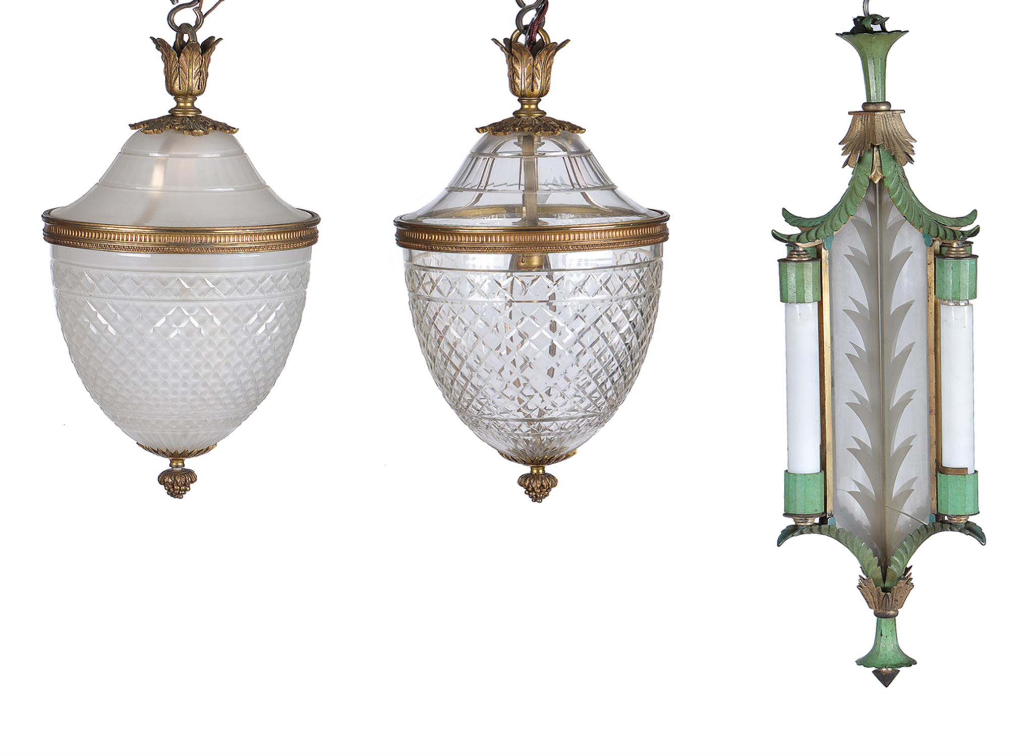 Two similar gilt metal and glass pendant ceiling lights