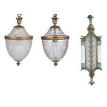 Two similar gilt metal and glass pendant ceiling lights