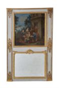A pair of grey painted and parcel gilt trumeau mirrors in 18th century style