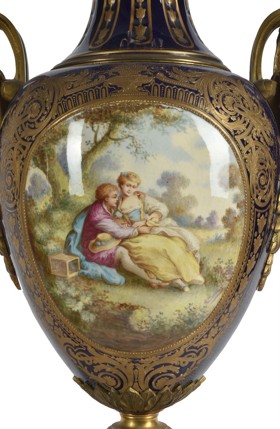 A pair of Sevres-style gilt-metal mounted pottery vases - Image 3 of 5