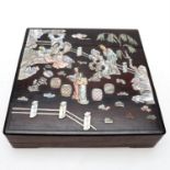 Y A Chinese mother-of-pearl inlaid hardwood box fitted with a supper set