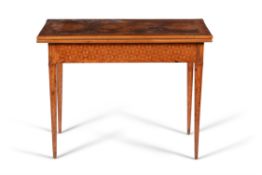 A late 18th century Continental walnut parquetry and marquetry card table