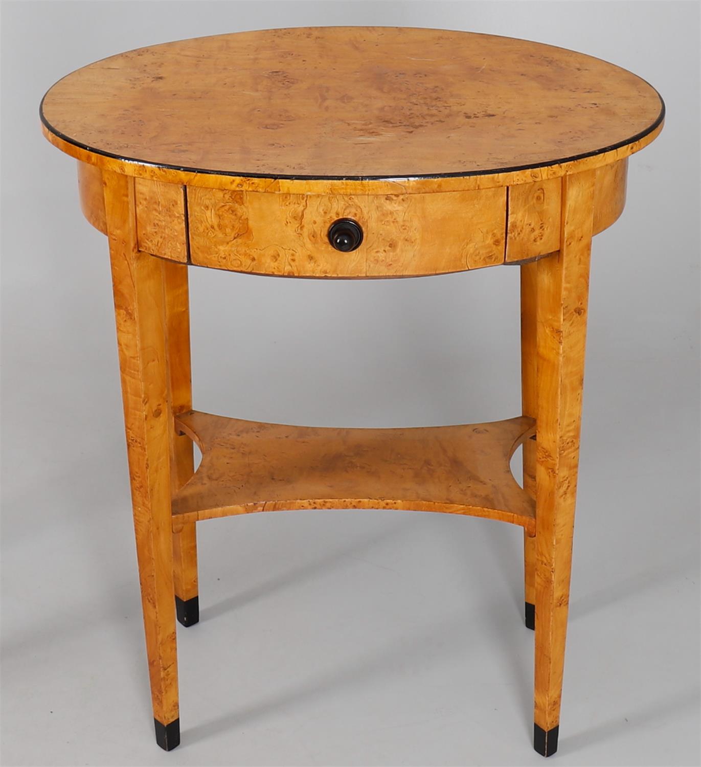 A late 19th century Biedermeier Revival birch and part ebonised two tier single drawer oval occasion - Image 4 of 5