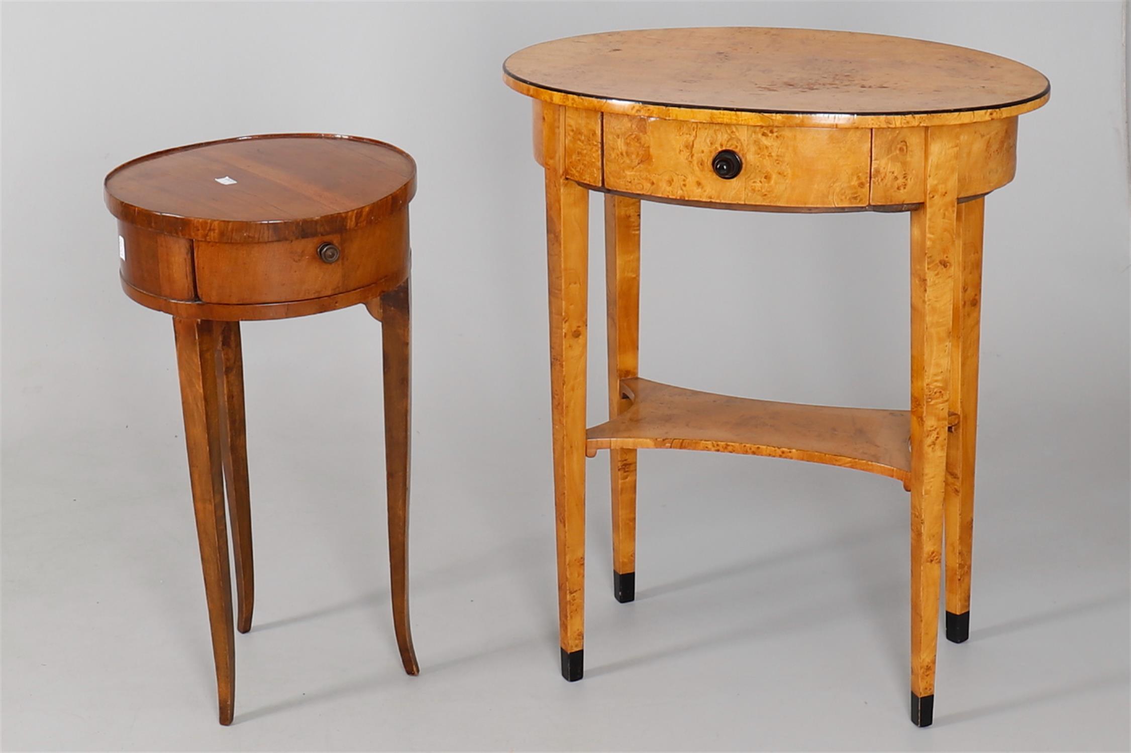 A late 19th century Biedermeier Revival birch and part ebonised two tier single drawer oval occasion