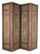 A set of four Qajar polychrome painted and gilt decorated panels