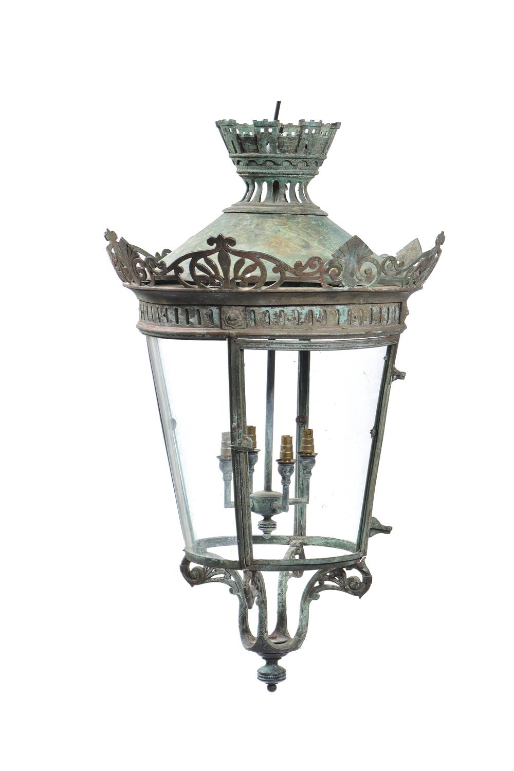 A pair of French verdigris patinated copper and glazed hanging lanterns - Image 3 of 3