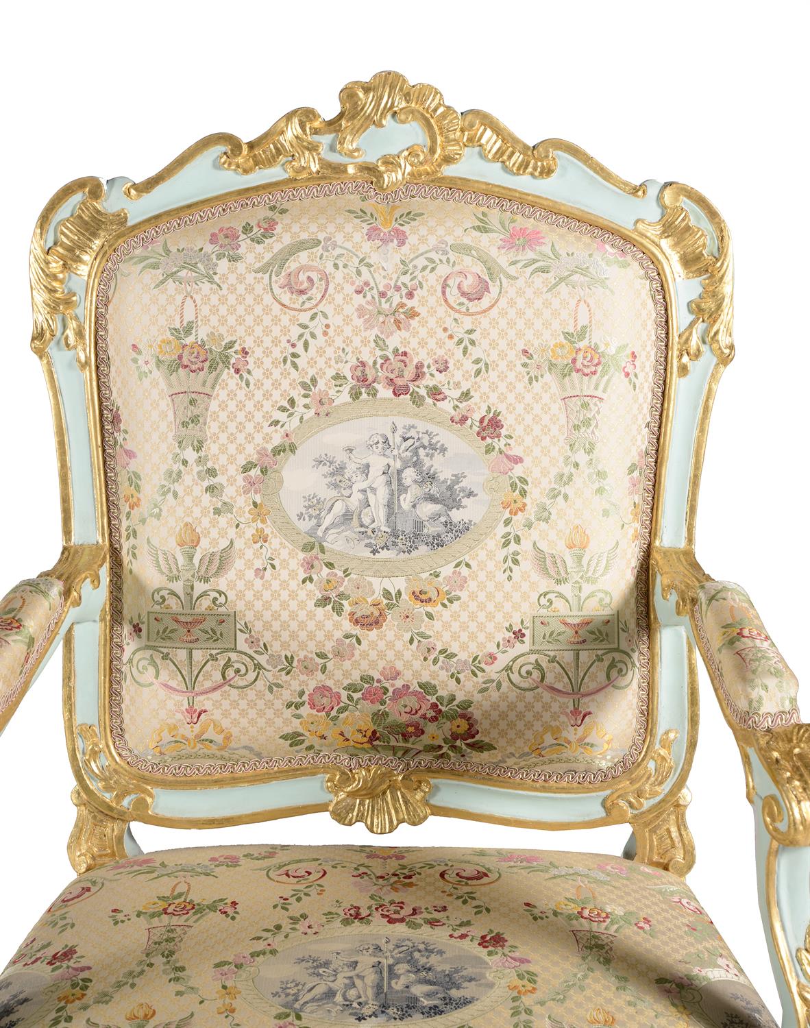 A pair of Italian carved wood, painted and parcel gilt armchairs, mid 18th century - Image 2 of 8