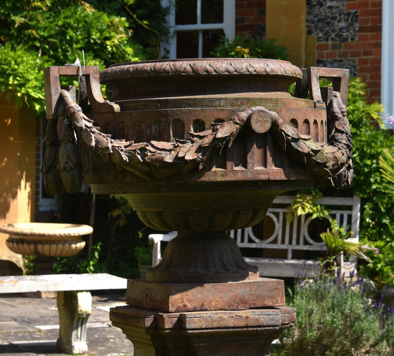 A French cast iron urn on plinth - Image 2 of 3