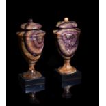 A pair of fine late George III Blue John solid ornamental urns in Neoclassical style