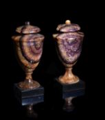 A pair of fine late George III Blue John solid ornamental urns in Neoclassical style