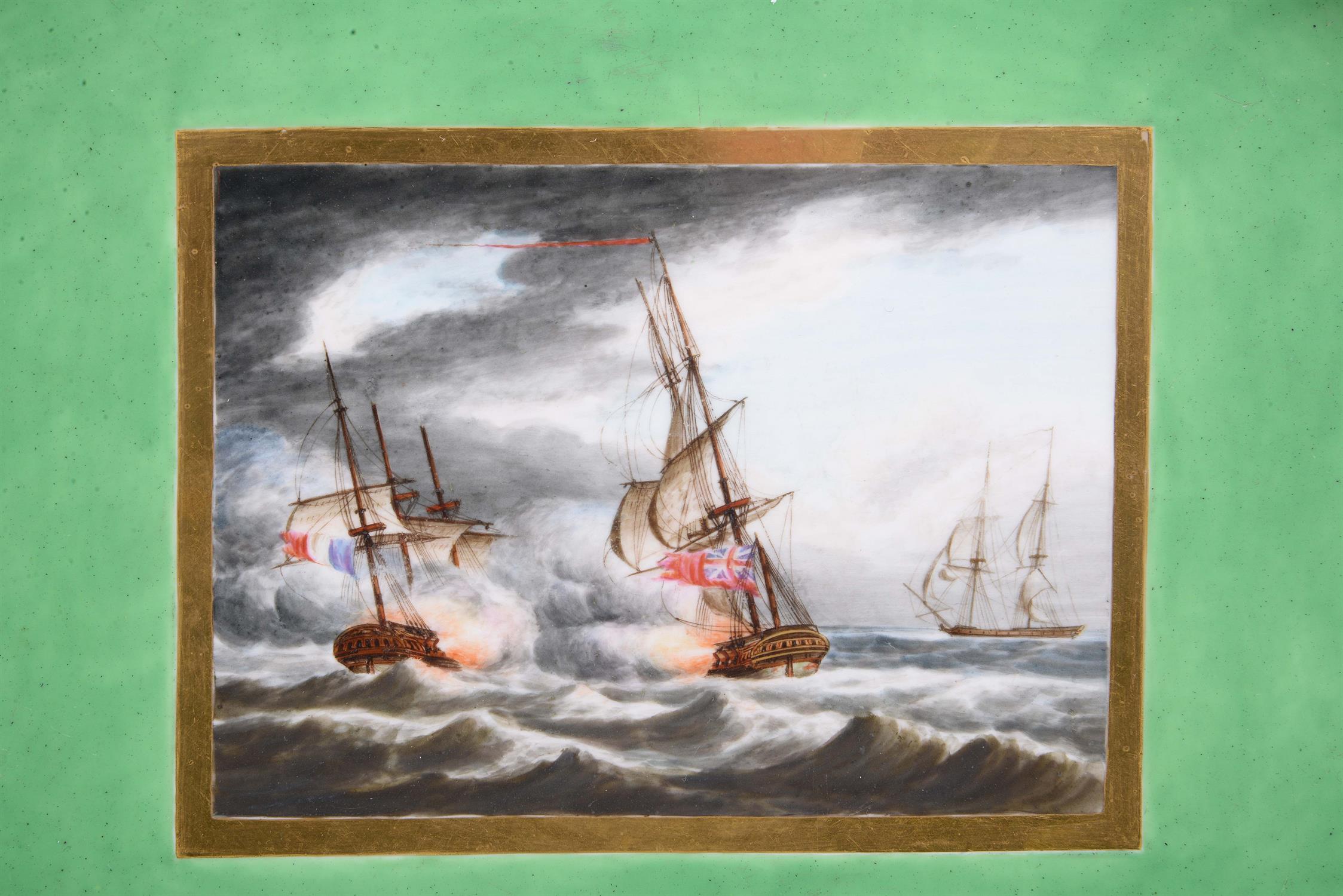 A Derby green ground and gilt French Revolutionary Wars Naval action cabaret service - Image 2 of 2