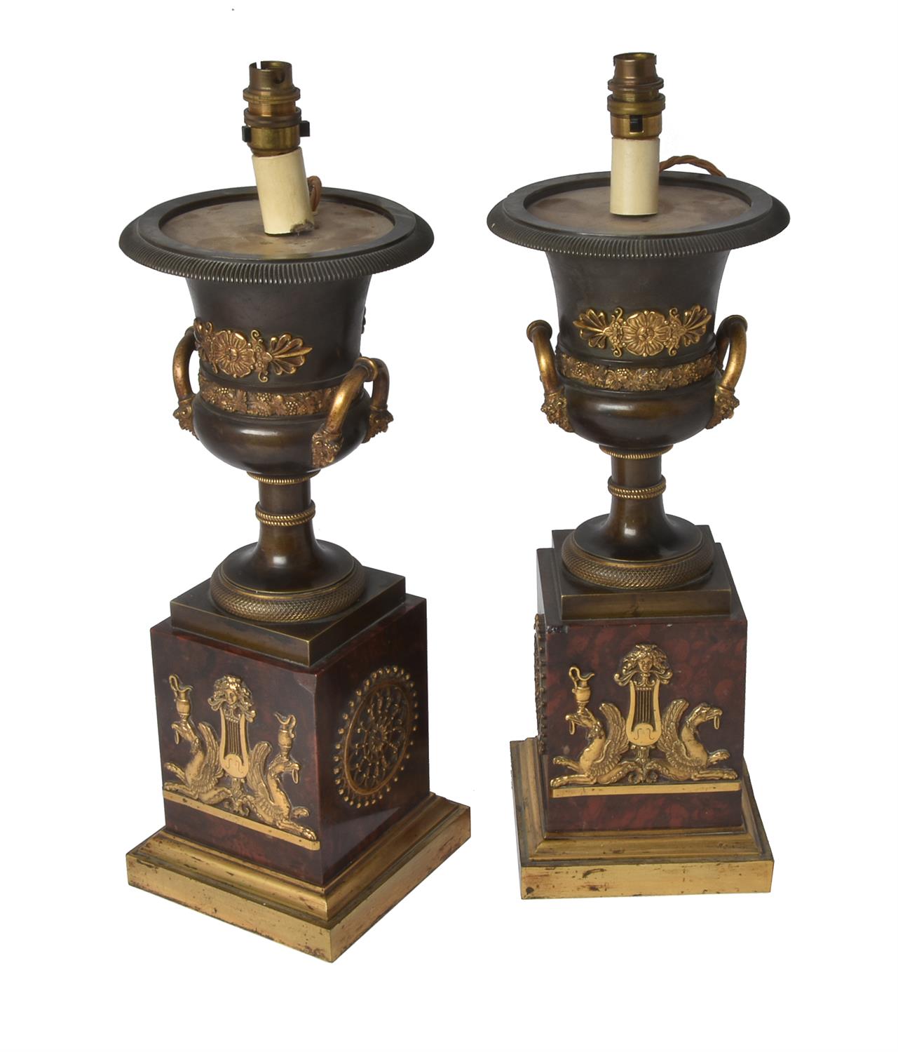 A pair of Empire patinated and parcel gilt bronze and rouge griotte mounted campana urns - Image 2 of 2