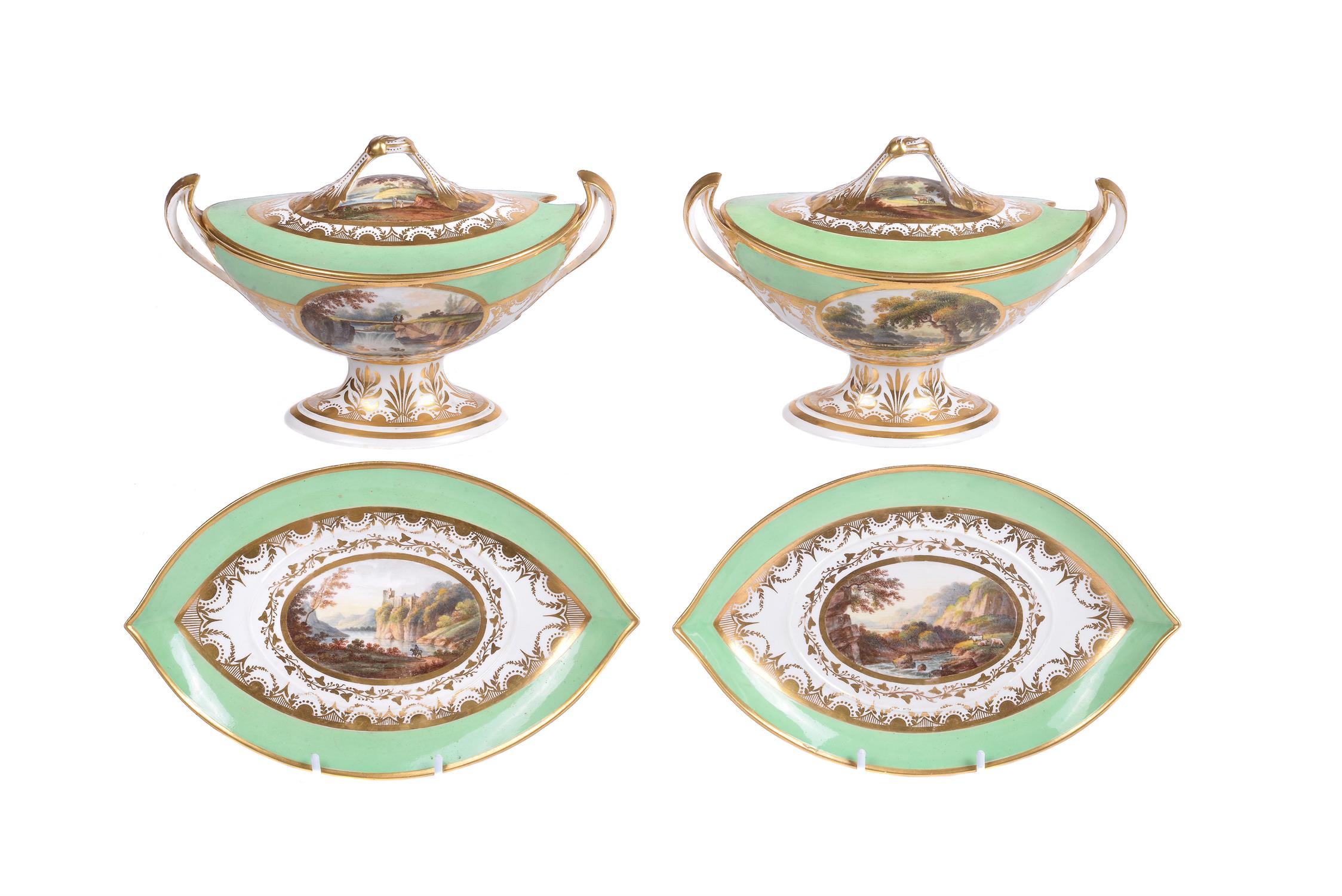 A pair of Derby pale-green ground navette-shaped sauce tureens