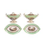 A pair of Derby pale-green ground navette-shaped sauce tureens
