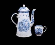 A Derby blue and white printed coffee pot and domed cover