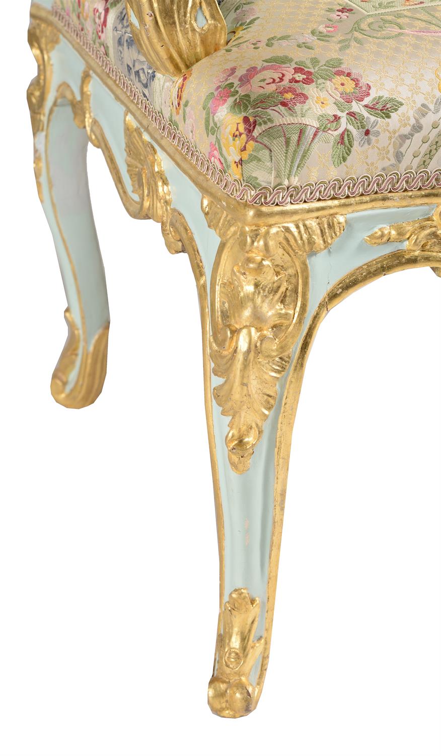 A pair of Italian carved wood, painted and parcel gilt armchairs, mid 18th century - Image 6 of 8