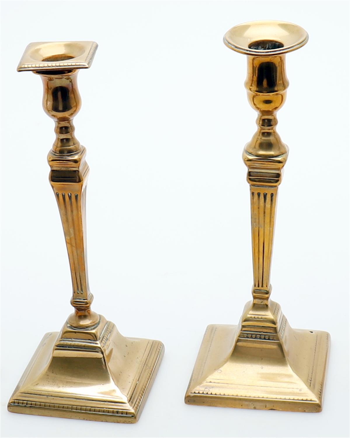 Two pairs of George III brass candlesticks - Image 2 of 5