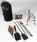 A mixed lot of fire furniture including 19th century set of steel and brass fire irons