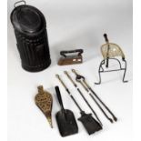 A mixed lot of fire furniture including 19th century set of steel and brass fire irons