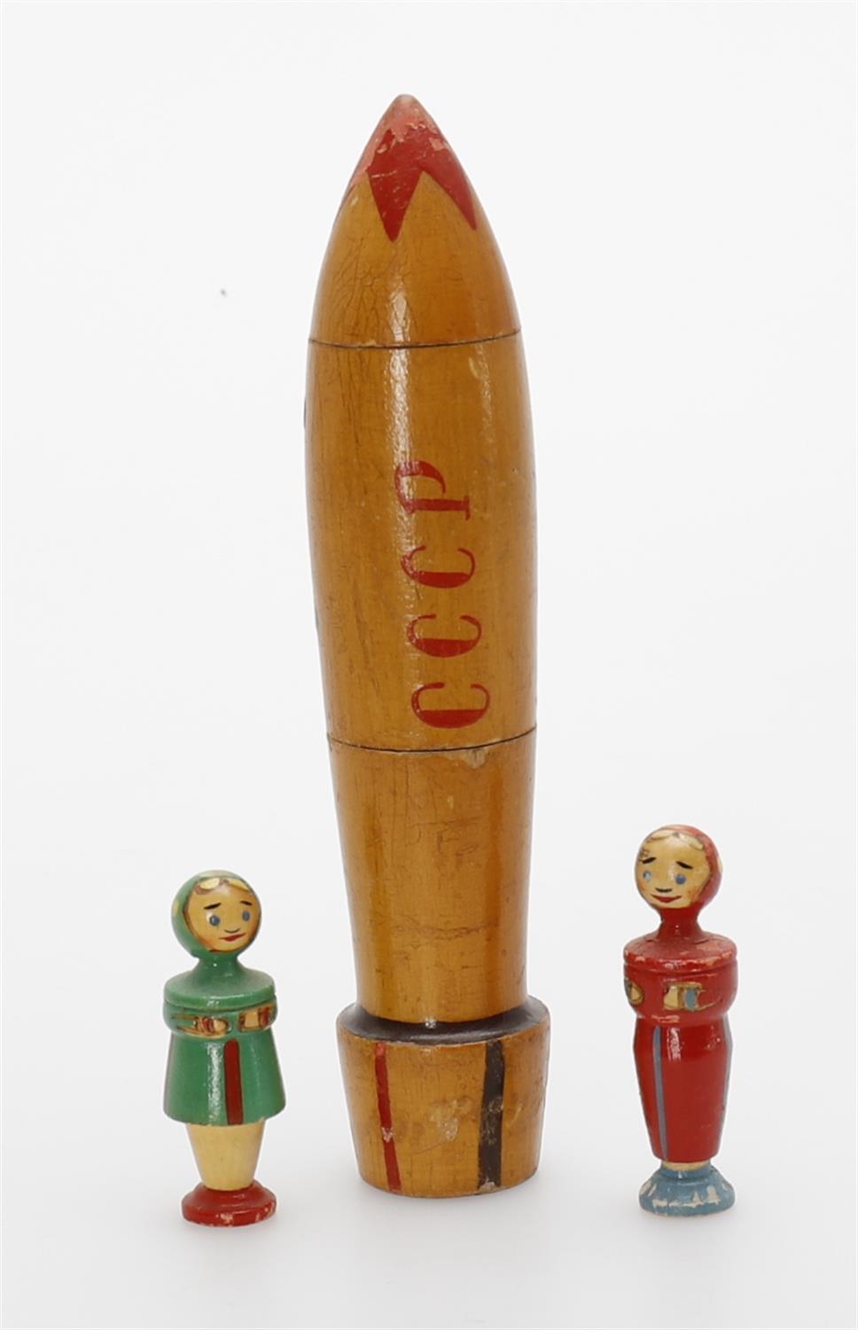 An early 1960s Soviet painted wooden space rocket matryoshka toy - Image 6 of 6