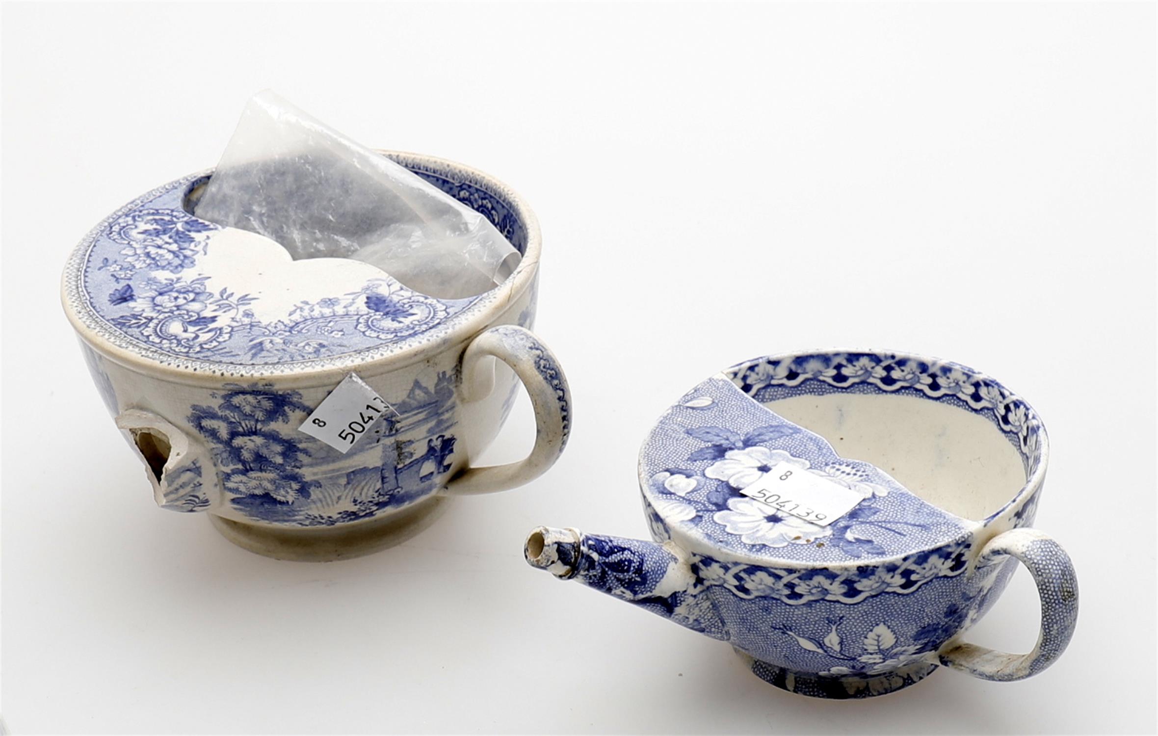 Three 19th century blue and white transfer decorated blue and white baby feeders - Image 2 of 5