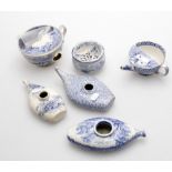 Three 19th century blue and white transfer decorated blue and white baby feeders