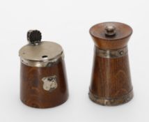 Late Victorian matched silver mounted oak pepper grinder and mustard pot