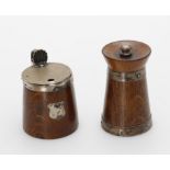 Late Victorian matched silver mounted oak pepper grinder and mustard pot