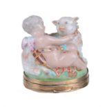 A Charles Gouyn St. James's factory type gilt-metal-mounted bonbonière and hinged moss-agate cover