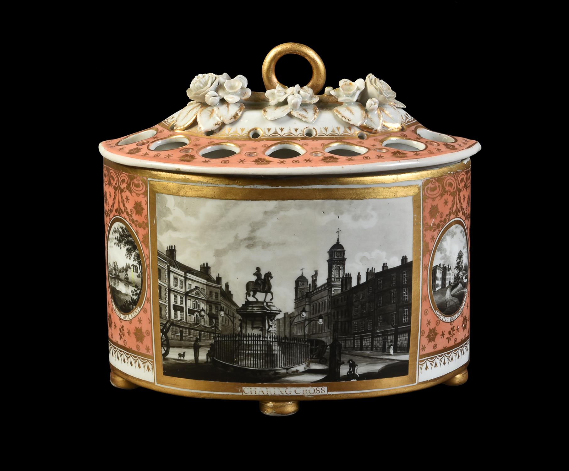 A Chamberlain's Worcester salmon-pink ground and gilt demi-lune bough pot and pierced cover