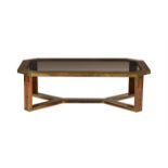 A lacquered brass and walnut and amboyna veneered low occasional table