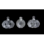 Lalique, Cristal Lalique, Deux Fleurs, a pair of moulded frosted and clear glass scent bottles