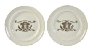 A pair of dated English pearlware commemorative plates for the Great Bedwyn Friendly Society 1821
