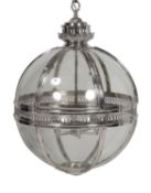 A nickel plated metal and glazed 'globe' lantern or porch light