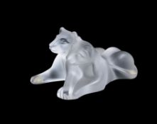 Lalique, Cristal Lalique, Tambwee, a frosted glass model group of two recumbent lion cubs