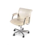 A white leather swivel desk chair