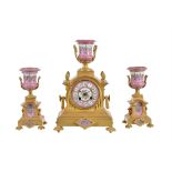 A French Sevres style porcelain and gilt metal mounted clock garniture