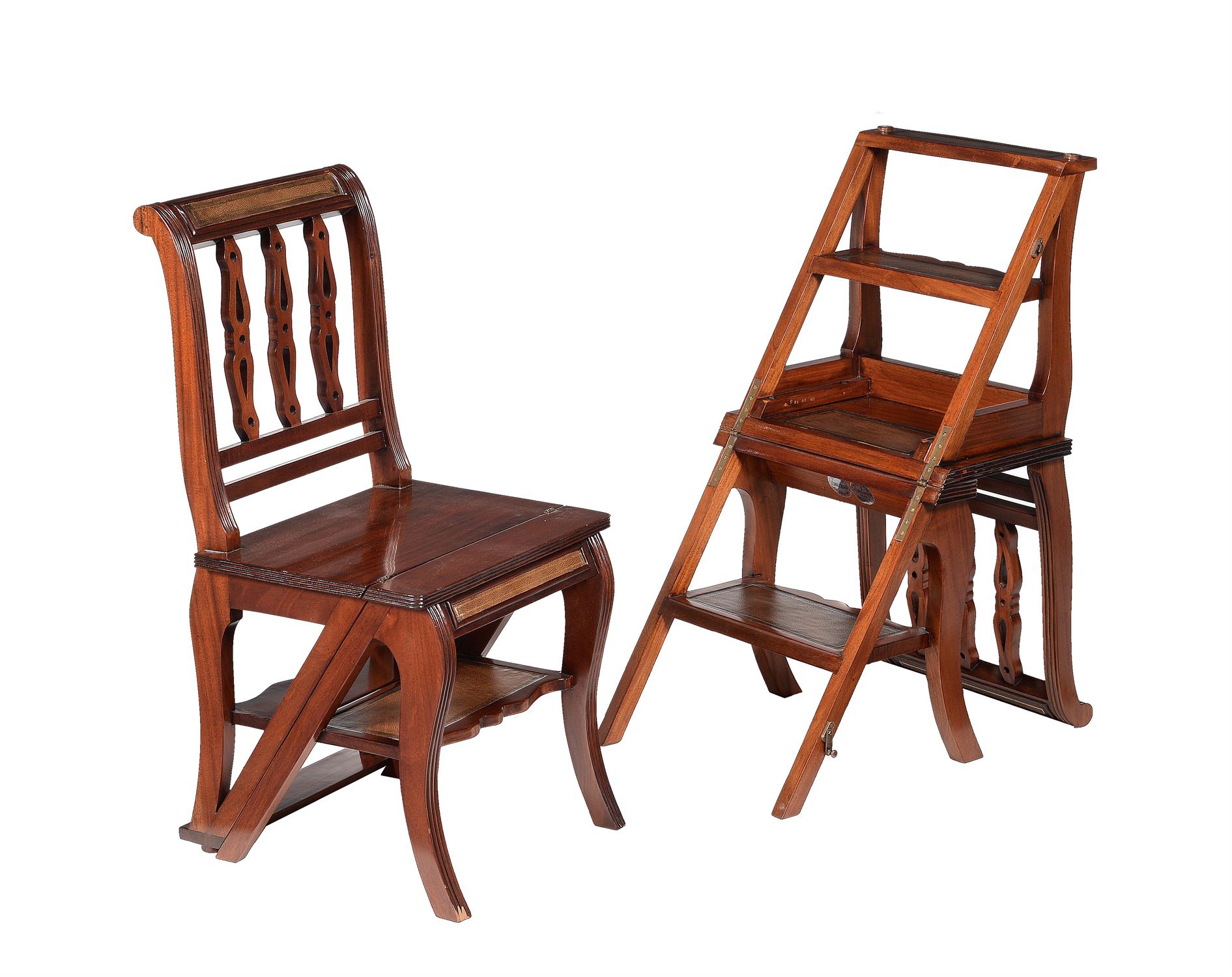 A pair of mahogany and leather inset metamorphic library chairs